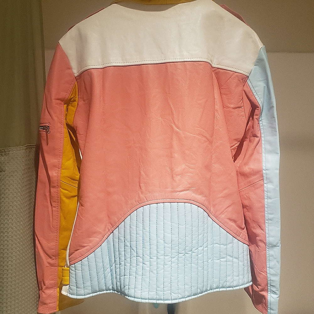 Rainbow pastel color block leather moto jacket. - Picture 7 of 13